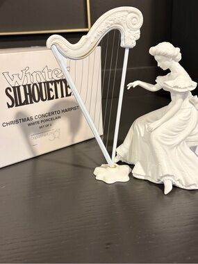 Vtg.Department 56,Winter Silhouette 2 Retired Porcelain Harpist Fig W Harp